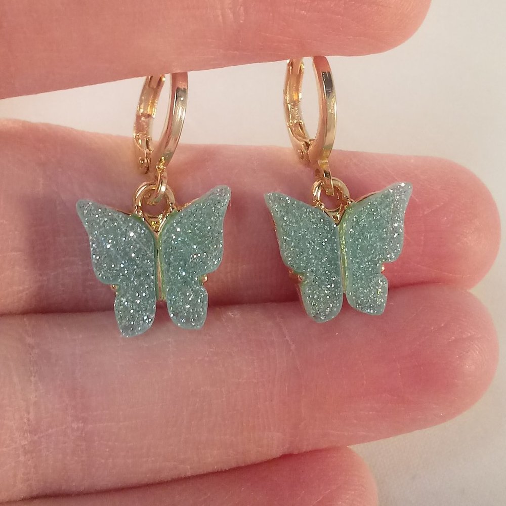 Gold Plated Green Opal Resin Butterfly Dangle Earrings 12mm Gift - Picture 1 of 2